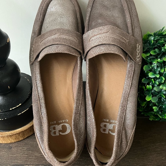 Gianni Bini Size 9.5 M Tan Brown Leather Silver Metallic Sparkle Penny Loafers - Picture 10 of 14